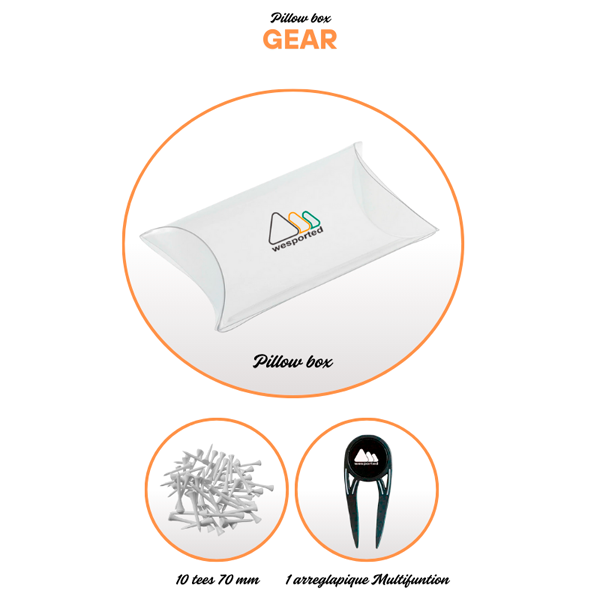 Caja Pillow Box Gear personalizada para regalos de golf