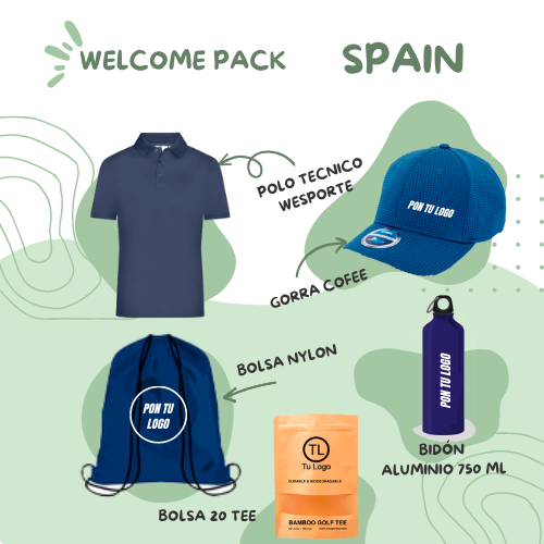 Welcome Pack de Golf SPAIN personalizado con polo técnico, gorra, bidón, bolsa y tees de bambú. Regalo premium para torneos y eventos de golf.