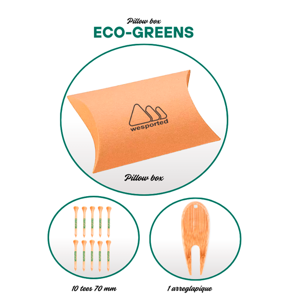 caja pillow box Eco Greens personalizada con logo para regalos de golf