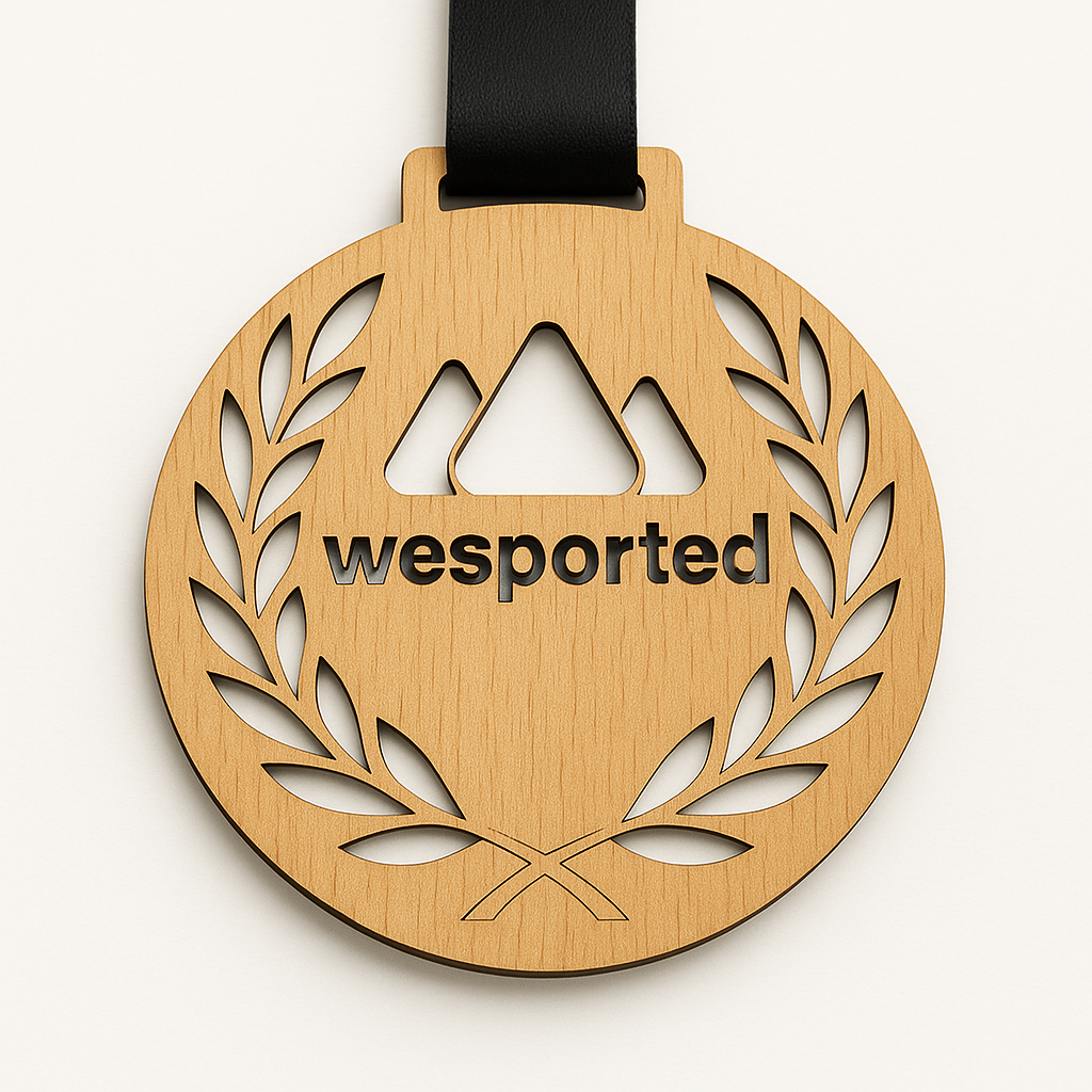 Medalla de madera 70 mm con diseño troquelado láser del logo Wesported