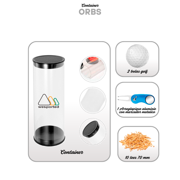 Elegante regalo de golf personalizado Orbs para eventos, parte de un set completo de merchandising de golf.