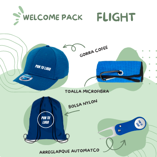 Pack completo de Golf FLIGHT personalizado con logo, ideal para torneos y eventos