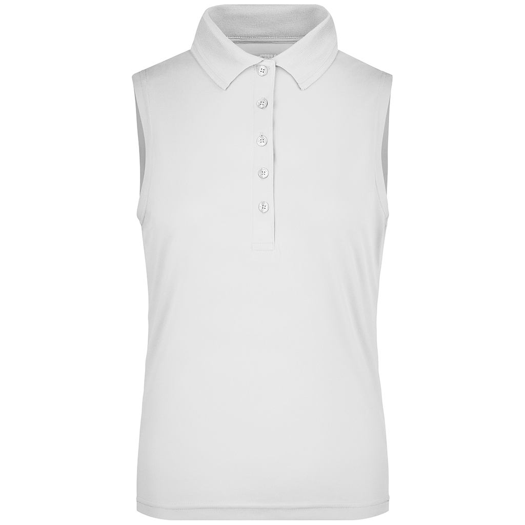 Polo técnico de golf sin mangas para mujer personalizado en color blanco con logotipo.