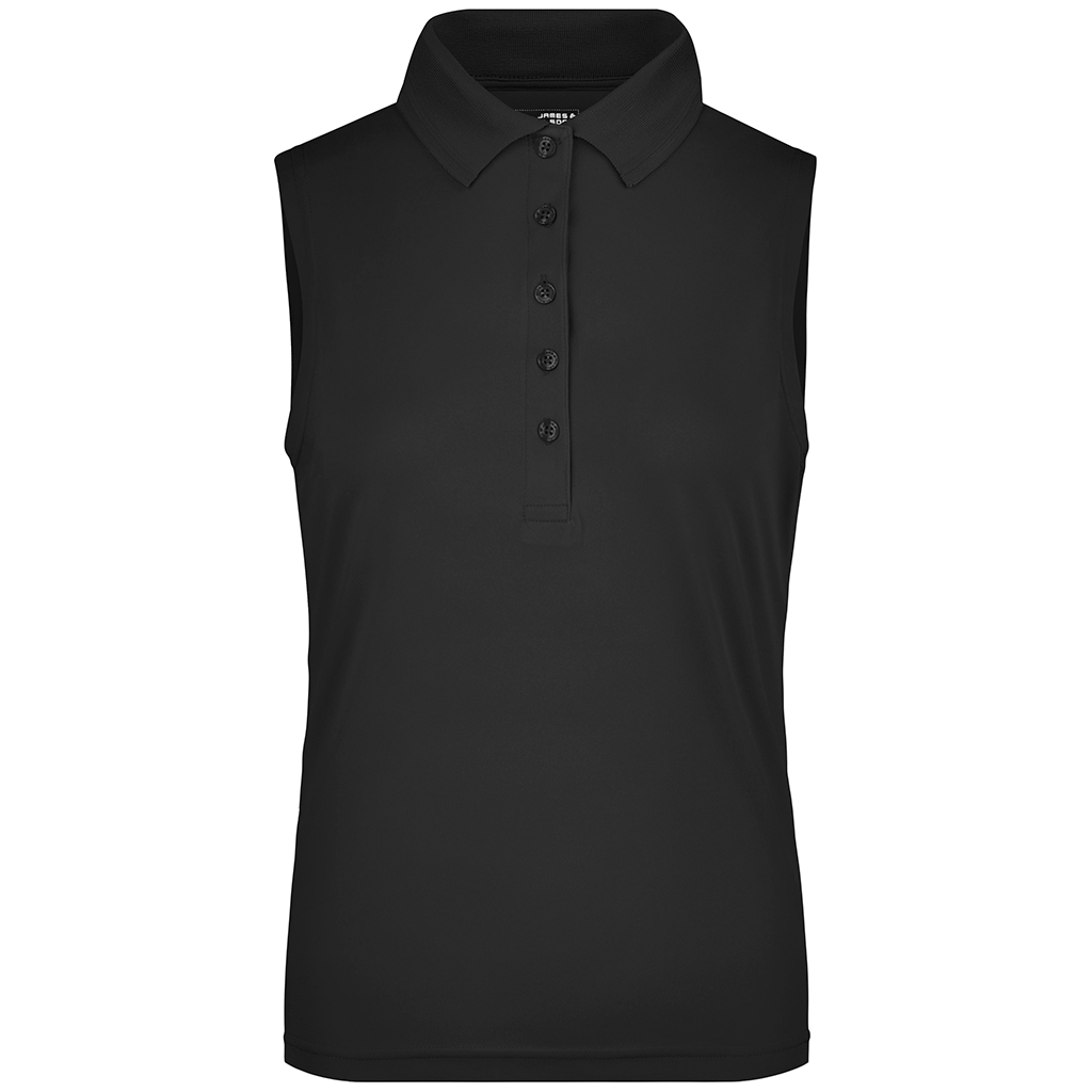 Polo de golf sin mangas para mujer personalizado en color negro, ideal para torneos.