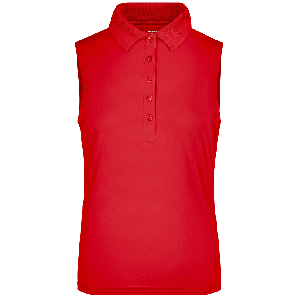 Polo técnico sin mangas para golf femenino personalizado en color rojo con logotipo