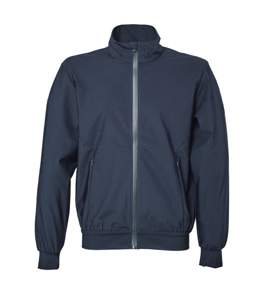 Chaqueta elástica azul marino para golf, bolsillos con cremalleras invisibles y branding visible