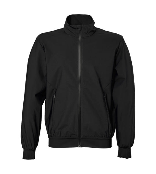 Chaqueta técnica negra con logo, tejido elástico sin acolchado y cremallera impermeable