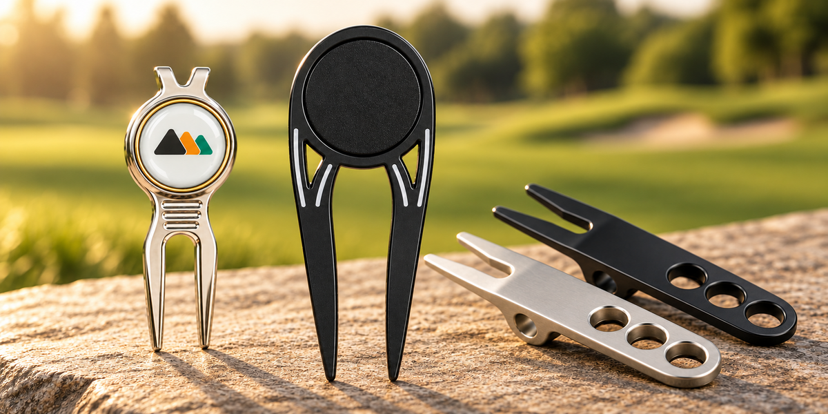 Arreglapiques de golf personalizados en distintos acabados junto al green