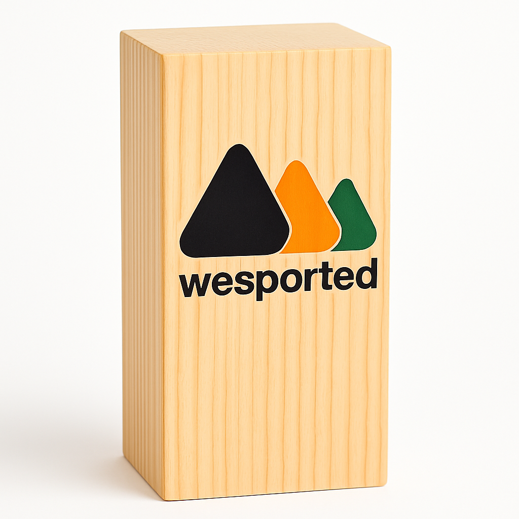 Bloque de pino natural 20×8×8 cm con logo wesported impreso UV a color