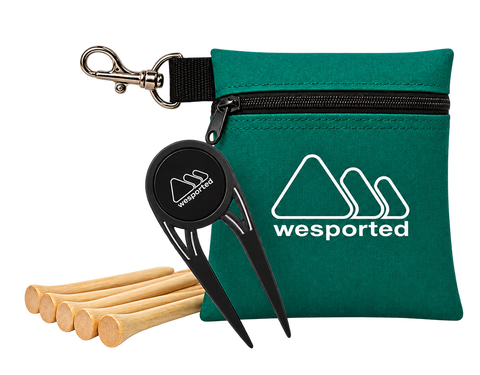 Goodie bag de golf verde con tees y arreglapiques