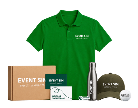 Welcome pack con polo, botella, gorra y accesorios personalizados