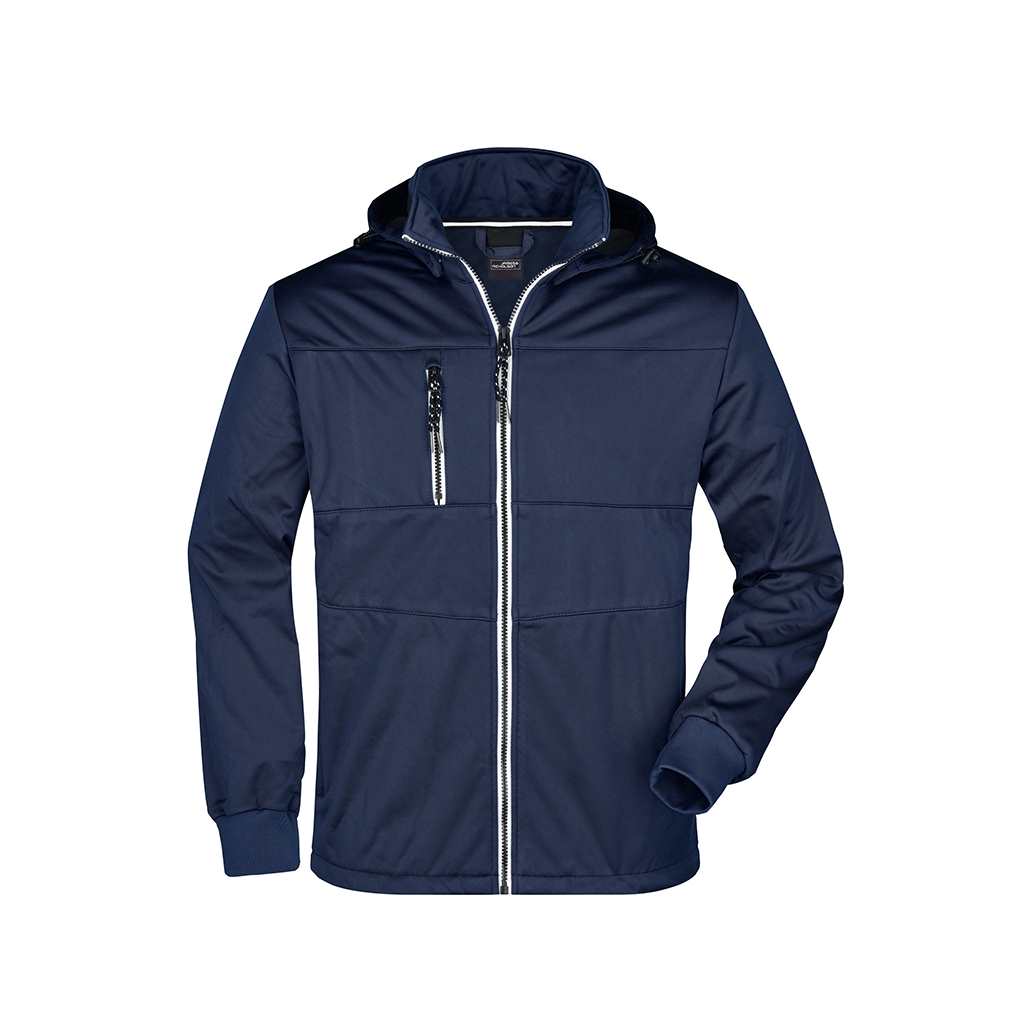Chaqueta de golf azul marino para jugadores, capucha desmontable y bolsillos con cremallera, ideal para branding