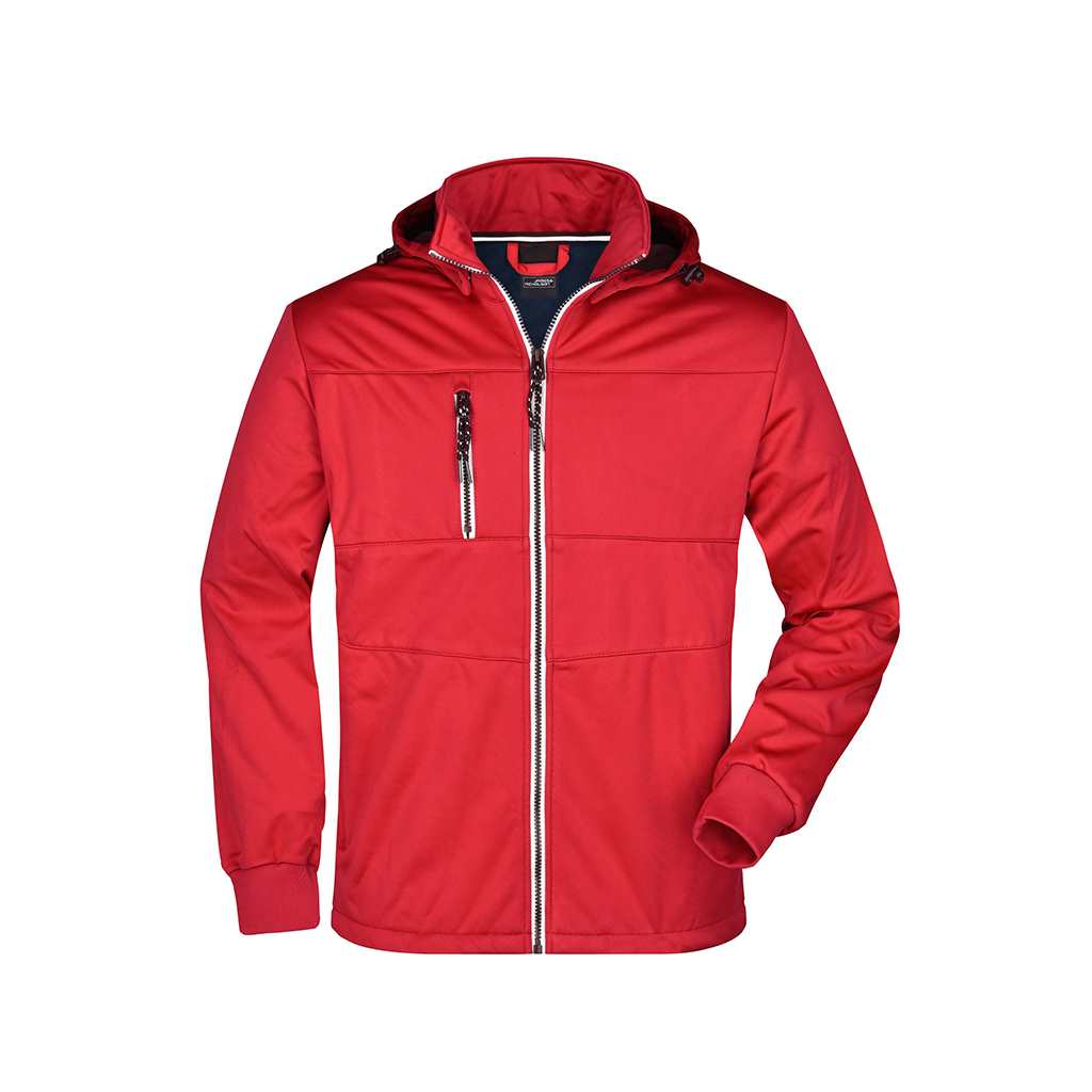 Chaqueta deportiva roja de hombre con logo, softshell 3 capas para torneos y activaciones de marca
