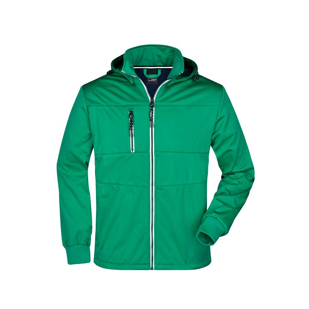 Chaqueta softshell verde para hombre, cordón ajustable y bolsillo pecho, perfecta para equipos y clubs
